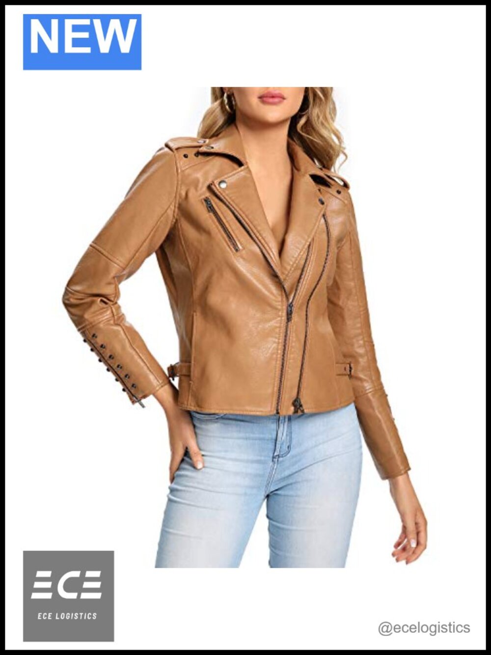 Faux Leather Moto Biker Jacket Double Zip Up Coat Rivets